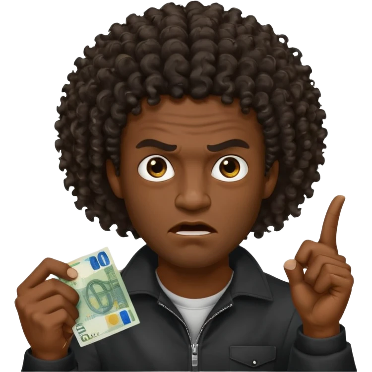 create a blackman holding 20 euro bill and looking like evil very evil curly hair that points upwards emoji