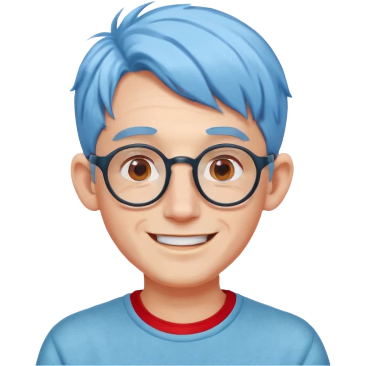 light blue haired man mid length hair with big ears and red earrings and spectaclesi happy emoji