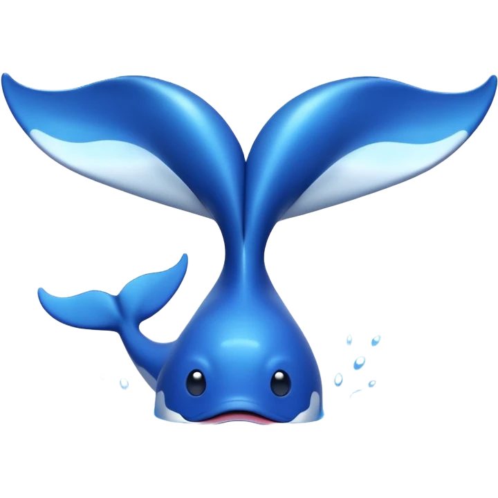 A 3D cartoon whale tail rising from the water, smooth surface reflection, ocean background, Memoji-style. emoji