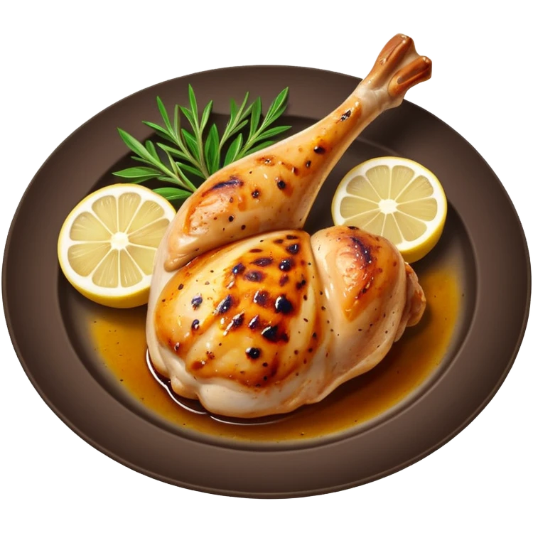 Draw a grilled chicken leg on a plate with herbs & lemon slices. emoji