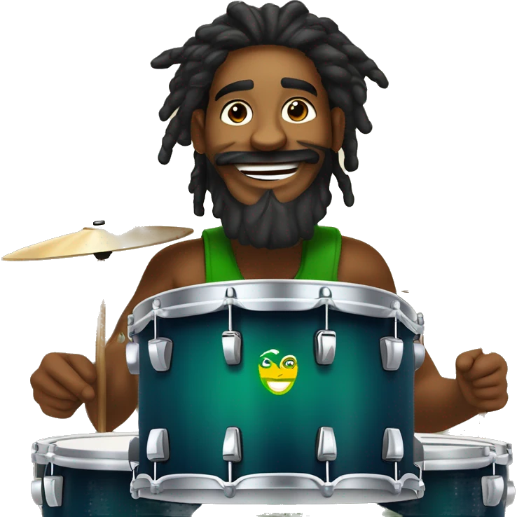 Illustrate a Brazilian drummer with tied hair, a beard, and Rastafarian style, with an expression of pure happiness while playing drums in a live stream. Make sure the logo "GG Lukas Drummer" is in the background. emoji