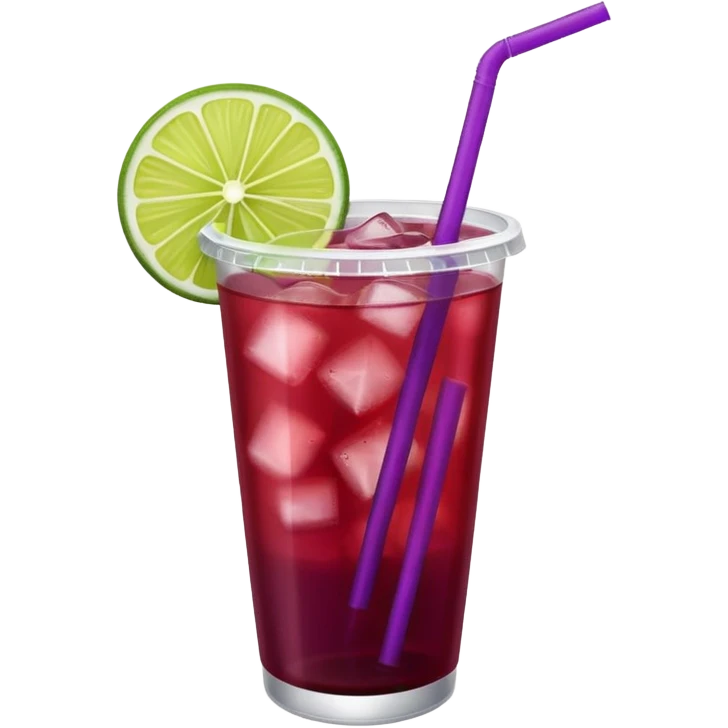 maroon purple cocktail with a lime wedge in the drink in a plastic cup with lid and straw  emoji