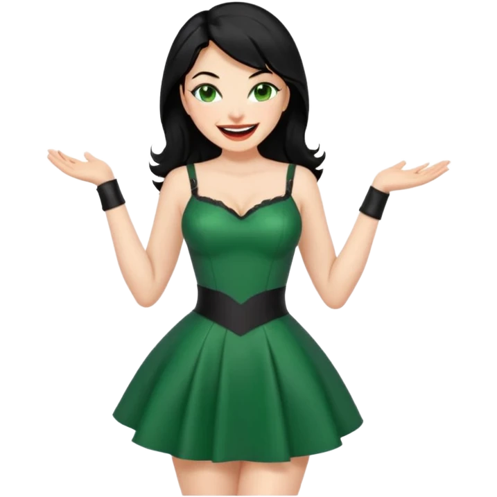 🕵🏻‍♀️💦🧥 black hair , green eyes ,dominatrix dress , laughing  emoji