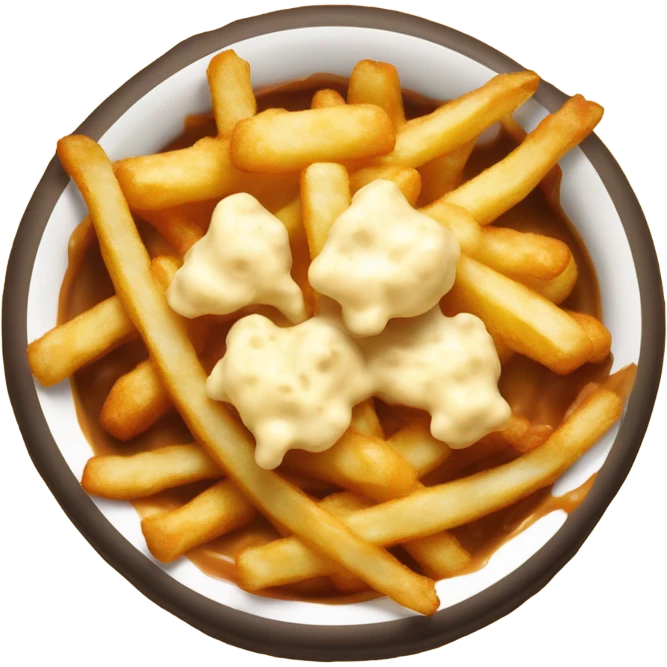 Bowl with fries and cheese curds on top covered in gravy emoji