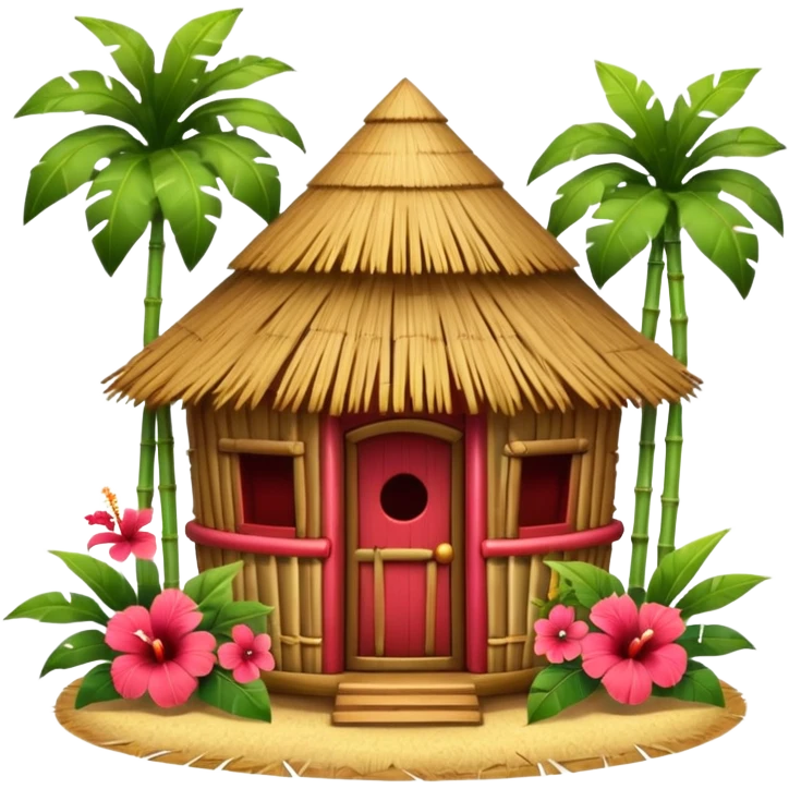 Hawaiian tiki hut house, round tropical hut, bamboo details, thatched roof, tiki masks decoration, hibiscus flowers, cute mobile game icon, 3D cartoon, clean background, no text emoji