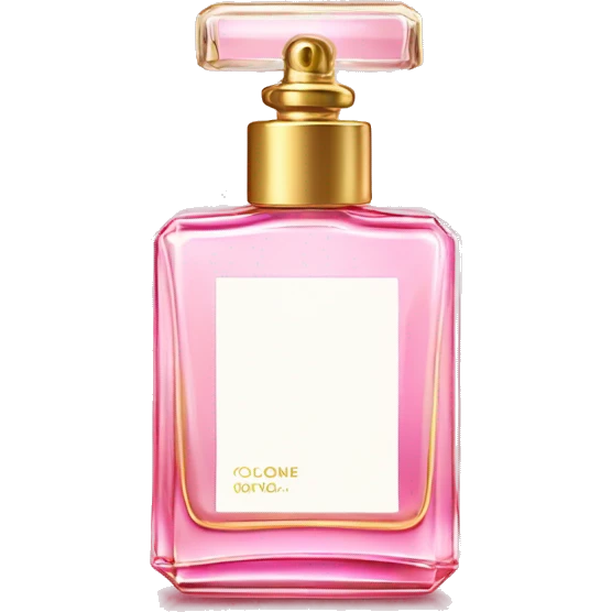 Square pink perfume bottle with white label that says cologne in gold  emoji