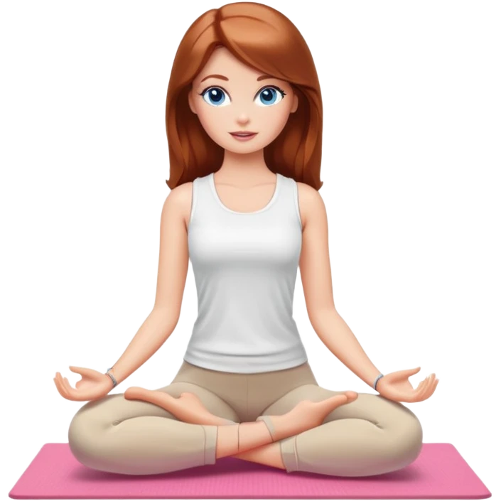 A Barbie girl with blue eyes, shoulder-length reddish-brown hair, made-up, wearing a white T-shirt and beige leggings, does yoga emoji