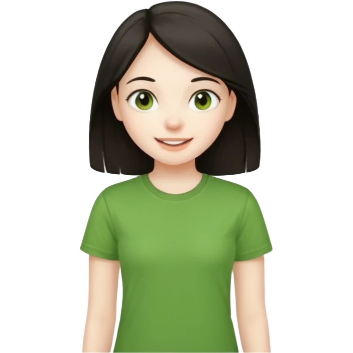 Young girl with straight, dark hair, damaged and unattractive, wearing a green T-shirt, looking happy and cheerful. emoji
