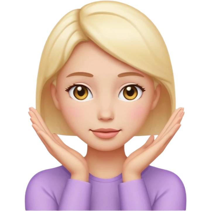 Emoji of glowing female face with hands on cheeks, skincare, pastel, flat, minimal emoji