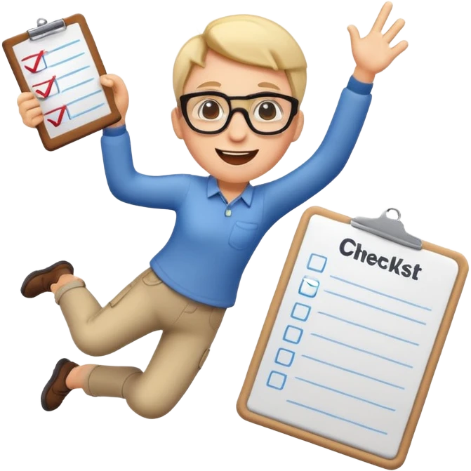 playful product owner emoji, person with glasses and a checklist, jumping or celebrating emoji