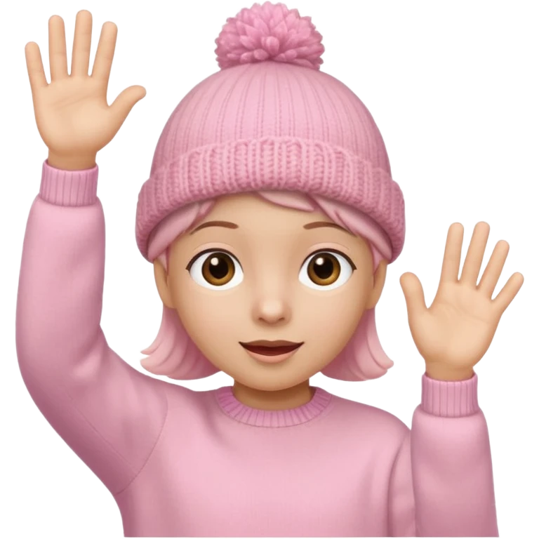 Kid in pink hat and jumper waving emoji