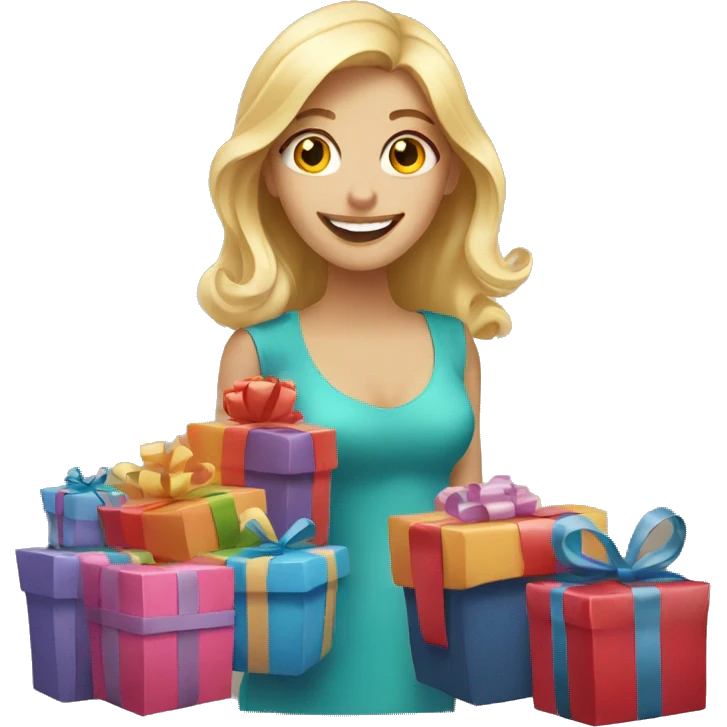 happy blonde woman with a lot of gifts emoji