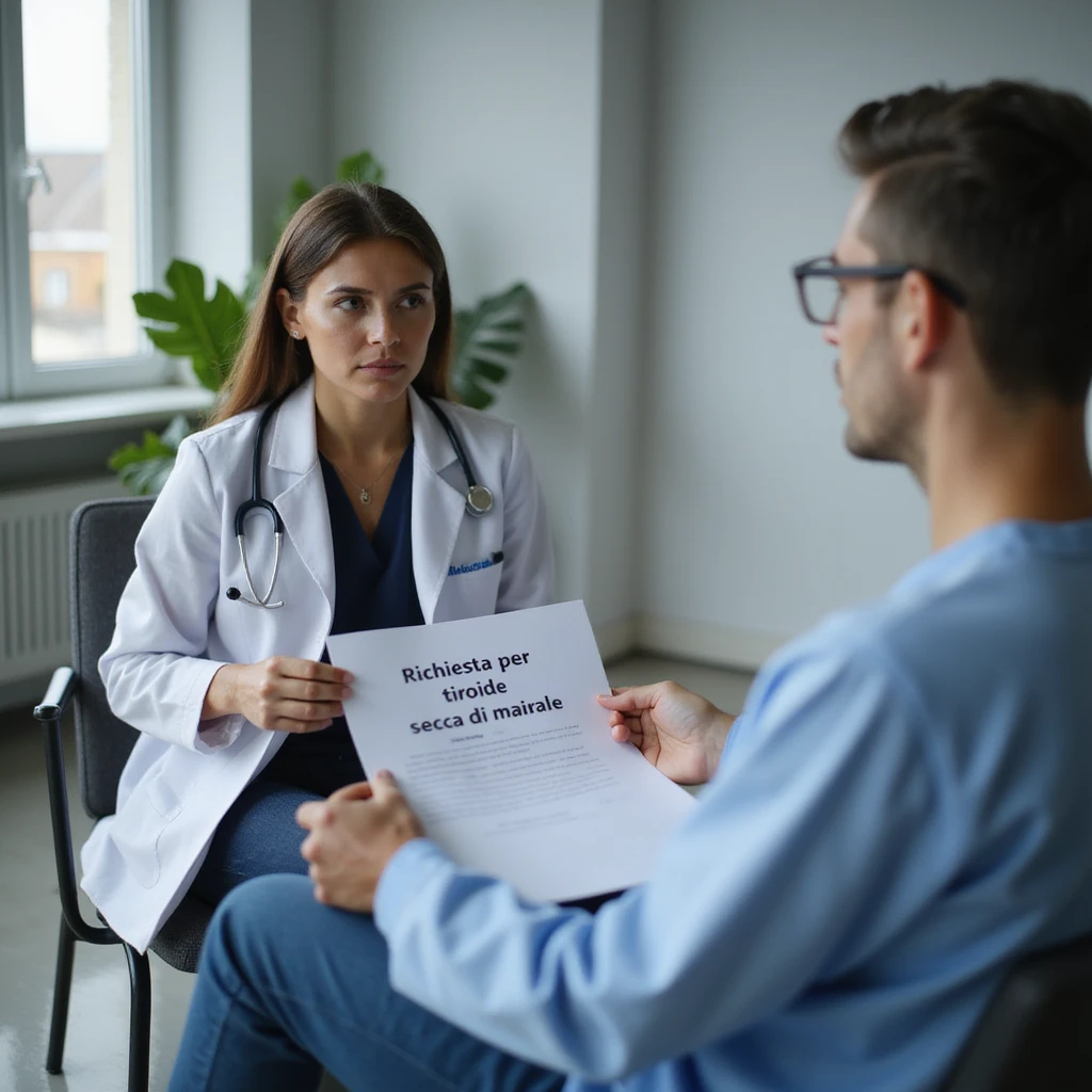 hyperrealistic 4K image of a woman sitting in front of a doctor in a modern clinical environment, determined expression, handing over a paper with the text 'Richiesta per tiroide secca di maiale', detailed and realistic emoji