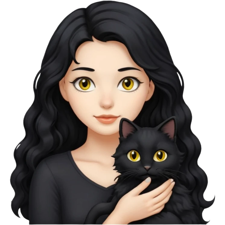 una ragazza di circa 25 anni, capelli lunghi ondulati neri con in braccio un gatto nero emoji