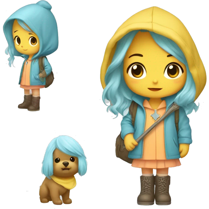 Cute little girl with light blue hair with peach skin, with yellow raincoat hooded with boots holding a shepherd staff, with a cross necklace, Sanrio design emoji