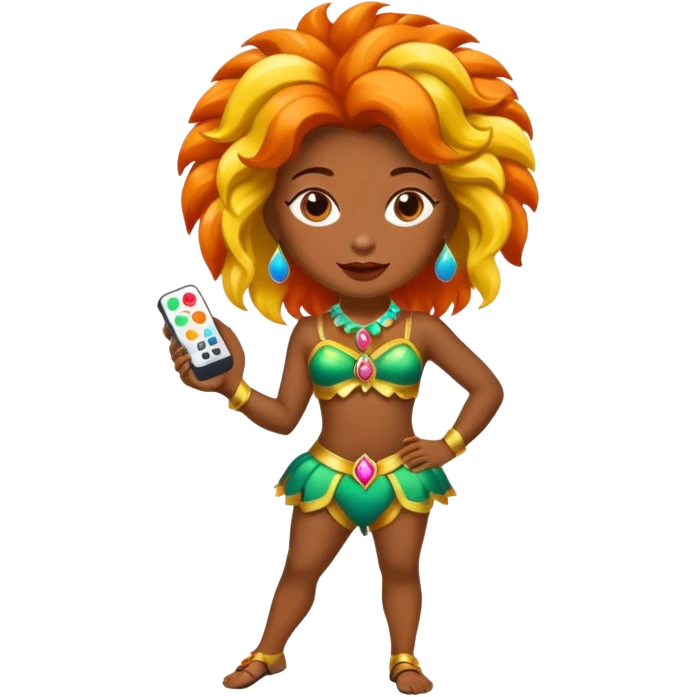 Uma pessoa com um controle remoto na mão e vestida de fantasia de carnaval emoji