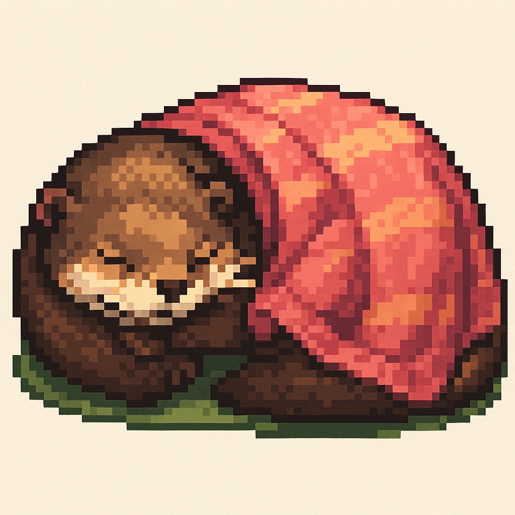 Make the image a pixel art style: Add a cozy blanket draped over the sleeping otter, keep pixel art style and colors emoji