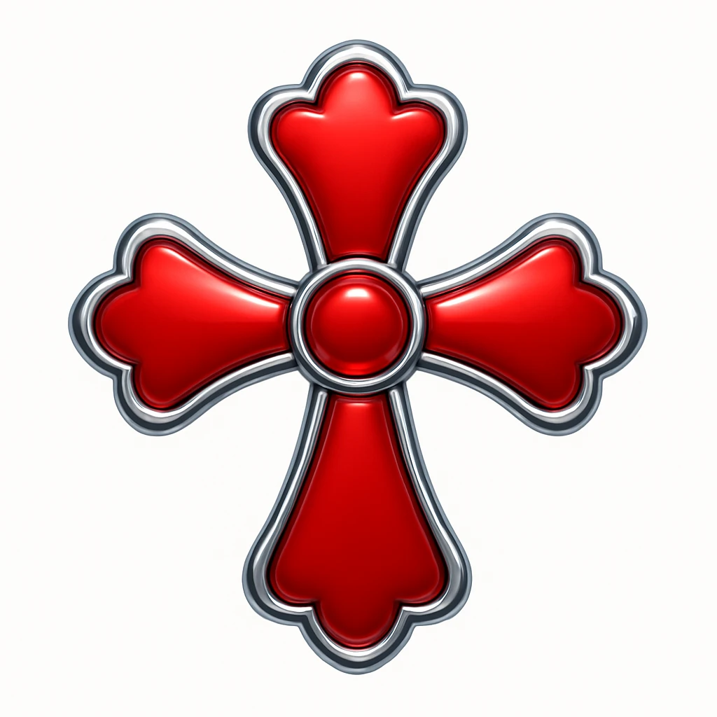 Add a silver outline to the chrome hearts cross in red, keeping the apple emoji style with its characteristic look and feel. emoji