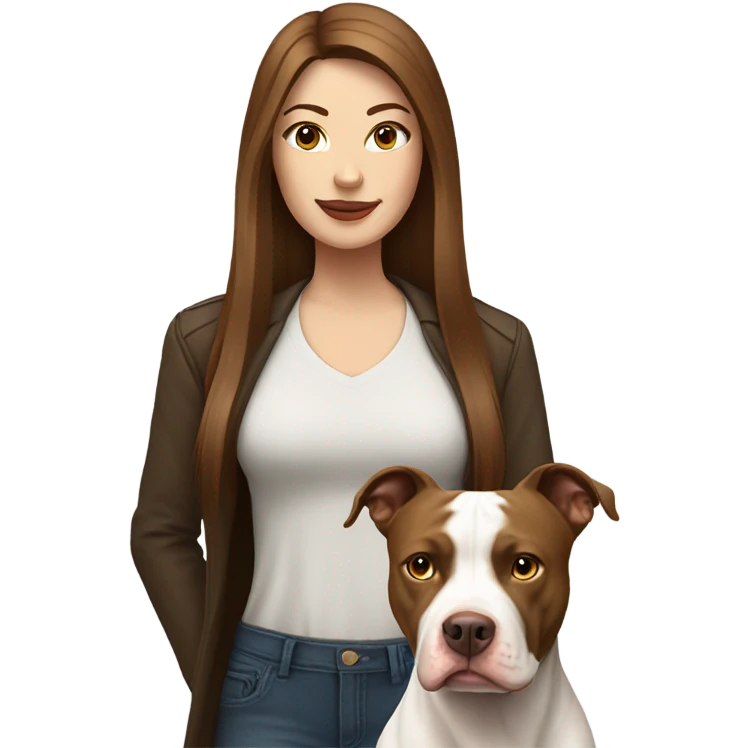 white woman with straight long brown hair standing alongside a white pitbull emoji