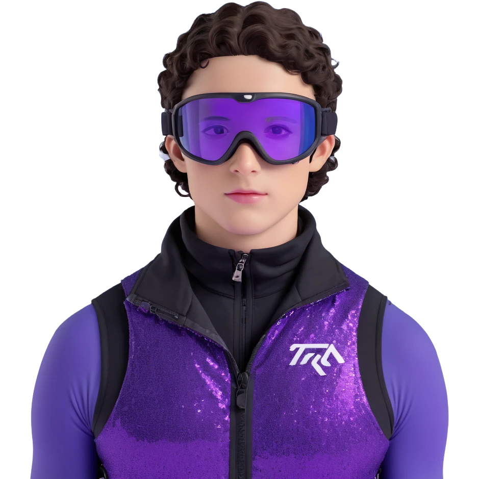 close-up of male athlete with white skin and moderately curly dark brown hair on top with shaved sides, wearing ski goggles with purple frames and very dark black lenses, a simple plain black chain necklace, and a completely unzipped sleeveless vest with purple and black sequin fire pattern design with no logo, frame centered on face and upper chest emoji