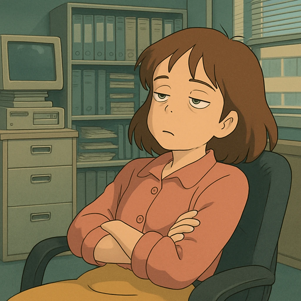 ghibli style character looking bored, leaning back in an office chair, eyes half-closed, office background emoji