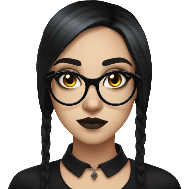 Goth girl with glasses and graphic eyeliner and black hair wearing a black shirt emoji