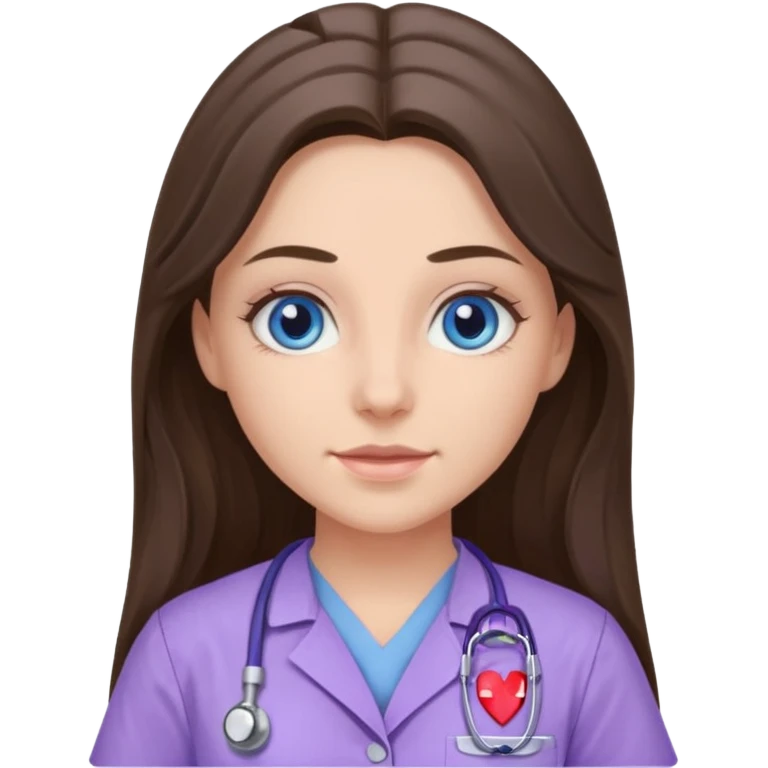 pretty brunette nurse with long hair and blue eyes in lilac scrubs emoji