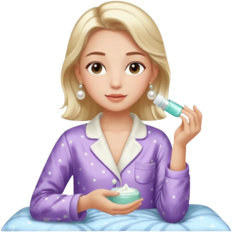 Clean girl aesthetic emoticons, apply skincare products, pearl earrings, glowing skin, pajamas, soft lighting emoji
