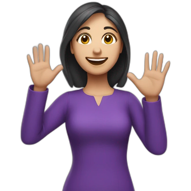 Armenian woman saying hello and giving five with happy face  in purple clothes  emoji