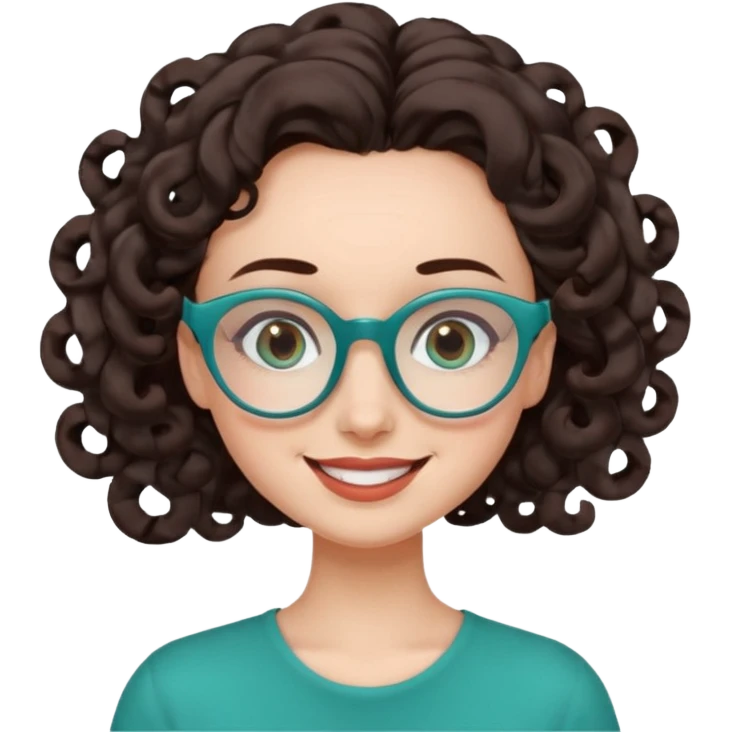 woman with extra large forehead, extra long dark brown spiral curled hair, teal glasses, smiling with head tilted emoji