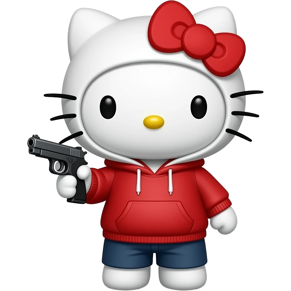 hello kitty male version with red hoodie and the hood white. holding a gun, full body emoji