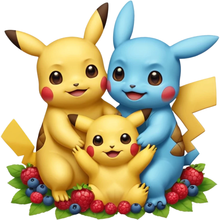 Two Pokémon are playing in a field. Pikachu has many berries, but Squirtle has none. Pikachu sees this is unfair, so he shares the berries with Squirtle. They smile and eat together. Show this as a cute Pokémon emoji scene about justice and fairness. emoji