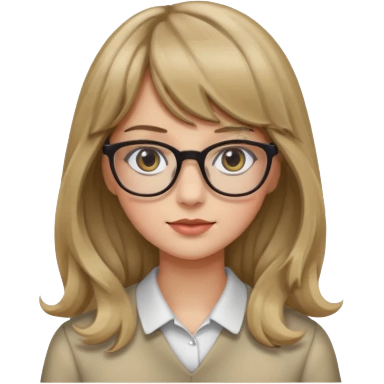 Uma garota de cabelo ondulado loiro escuro,mas com franja lisa e olhos pretos,usa óculos e a cor de pele branca,e o cabelo LONGO emoji