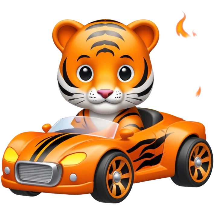 cute tiger in toy hot wheel car with THE CAR wheels are on fire emoji
