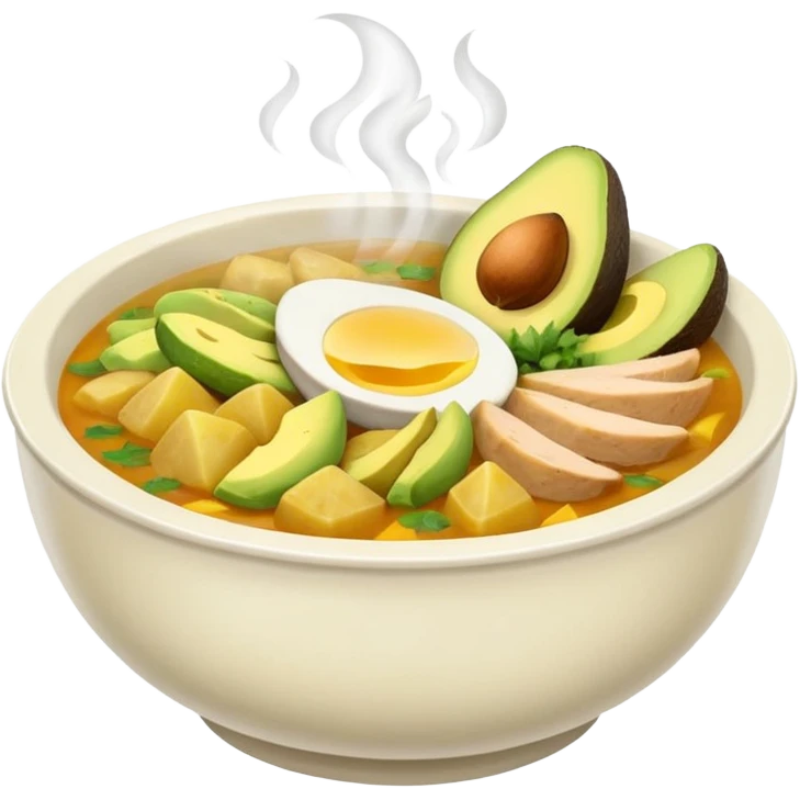 emoji of steaming bowl of Colombian ajiaco soup with typical ingredients, classic emoji style, light background emoji