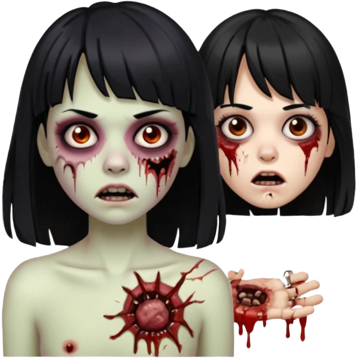 Um zumbi feminino, com cabelo preto e franja, machucados pelo rosto e torso emoji