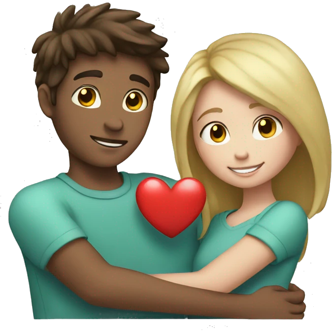 Young man and girl hugs with heart white skin emoji