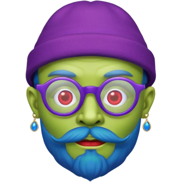 green alien with red glasses and blue hat and purple beard and earrings emoji