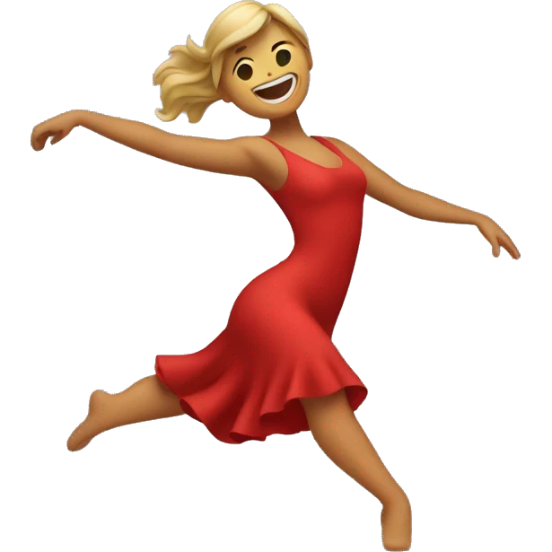 "An emoji of a woman dancing in a red dress with one arm raised and one leg bent, resembling the classic Apple dance emoji emoji