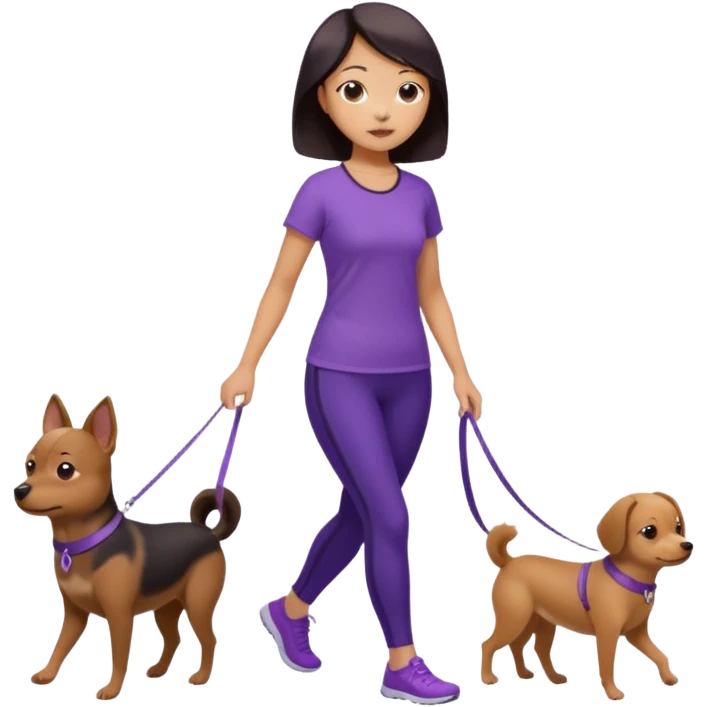 Chinese woman wearing purple top and black leggings walking 1 small brown dog emoji