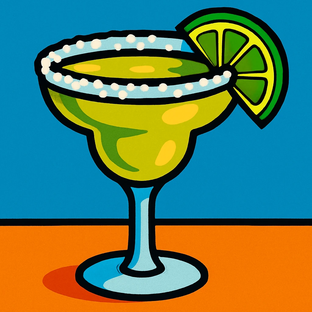 a classic margarita cocktail in a glass with a salted rim, lime wedge garnish, vibrant and inviting emoji