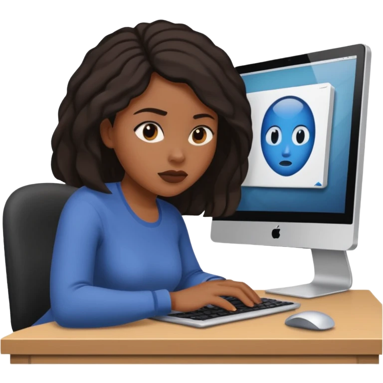 black woman working on a computer, hiding behing her computer, no brand on the computer, focused on the screen emoji