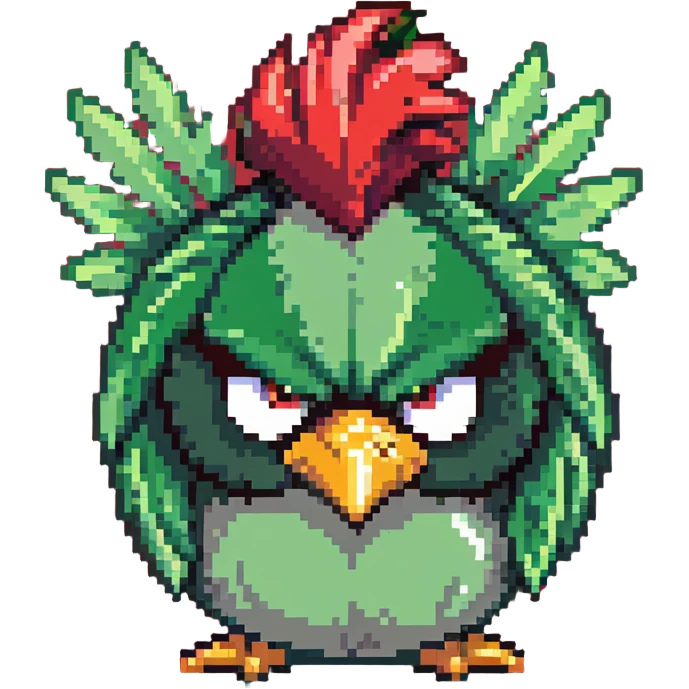 angry bird with green feathers puffed up and angry emoji