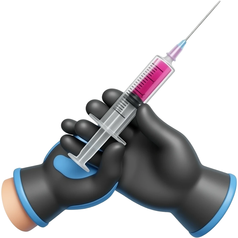 A gloved dainty male hand holding a syringe with glowing neon-red liquid inside. The glove is black but is cobalt-blue on the palm Side emoji