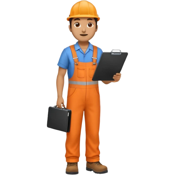 Indian male railway engineer orange overalls, boots holding a clipboard back view emoji