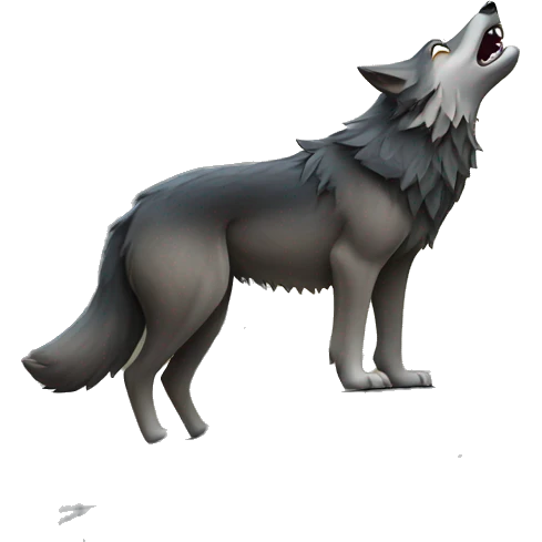 wolf standing on a black rock while howling at a moon in the sky emoji