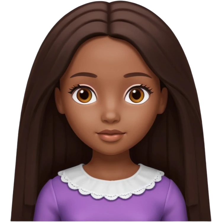 Boneca digital em estilo 3D realista e fofo, semelhante a uma boneca colecionável. Mulher jovem com pele negra, olhos castanhos escuros, cabelo liso cor chocolate, longo e bem alinhado.  emoji