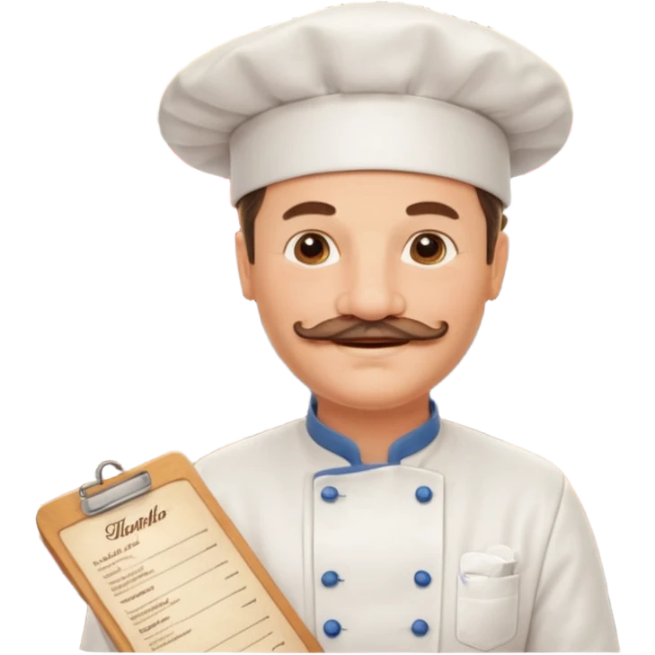 Est-ce que tu peux me faire un chef cuistot qui ressemble à Philippe Etchebest et qui est devant un restaurant? Est-ce que tu peux le faire souriant, avec une moustache de cuistot? 
 emoji
