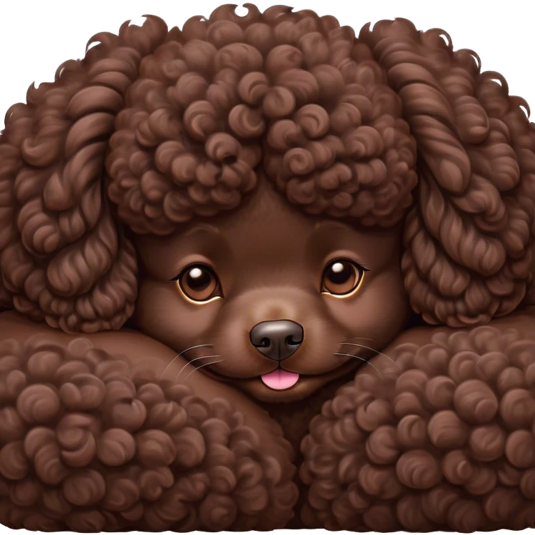Meme-Worthy Cute Sleeping Chocolate Poodle Portrait Emoji, Head resting peacefully with a contented smile, showcasing a delightfully elegant build and a luxuriously soft, curly chocolate Fur, eyes shut in a serene nap, Simplified yet hilariously adorable features, highly detailed, glowing with a soft, drowsy light, high shine, relaxed and utterly lovable, stylized with an air of playful laziness, bright and heartwarming, soft glowing outline, capturing the essence of a comically sleepy companion, so meme-worthy it feels like it could instantly become the next viral sensation of adorable slumber! emoji