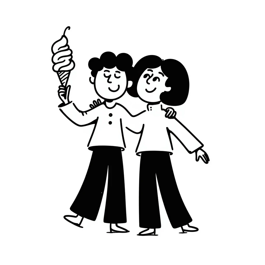 notion style hand drawn doodle of two girls having the best time ever, joyful, playful, expressive, simple lines emoji
